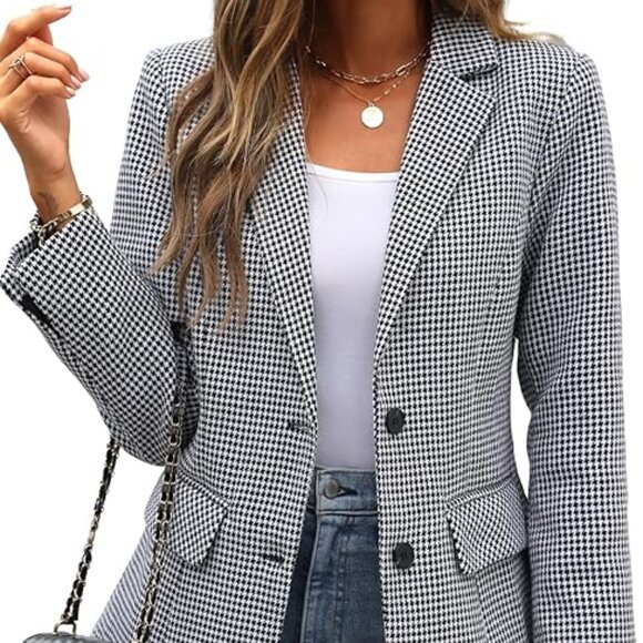 Women's Lapel Collar Plaid 2 Button Blazer Suit Black Houndstooth Work Office - Picture 2 of 5